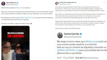 El activista político Franklin Humberto Coral Garrido, conocido como “Beto” Coral, llegó a Bogotá en un vuelo de la FAC con 93 colombianos deportados desde Estados Unidos la noche del 17 de julio de 2026, sobre las 10:00 p. m. El Boeing 737 aterrizó en el Comando Aéreo de Transporte Militar (Catam) - crédito @AntonioJCorreaJ/X @CarlosCarrilloA/X @DanielMonroyH/X