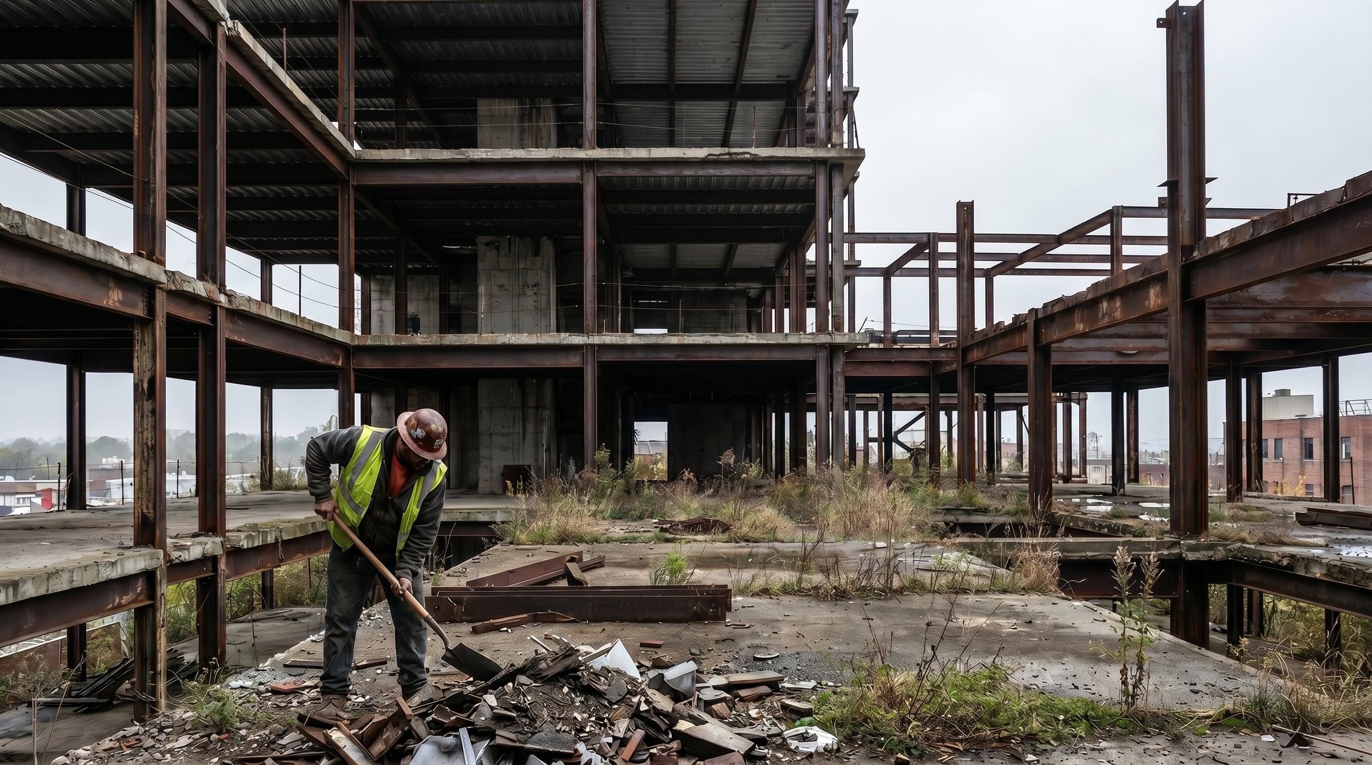 Un trabajador limpia escombros en el esqueleto de un edificio de acero abandonado. (Imagen Ilustrativa Infobae)