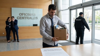 Hombre con caja de pertenencias es escoltado por seguridad fuera de oficinas centrales; colegas lo observan. Documento de despido sobre la mesa.