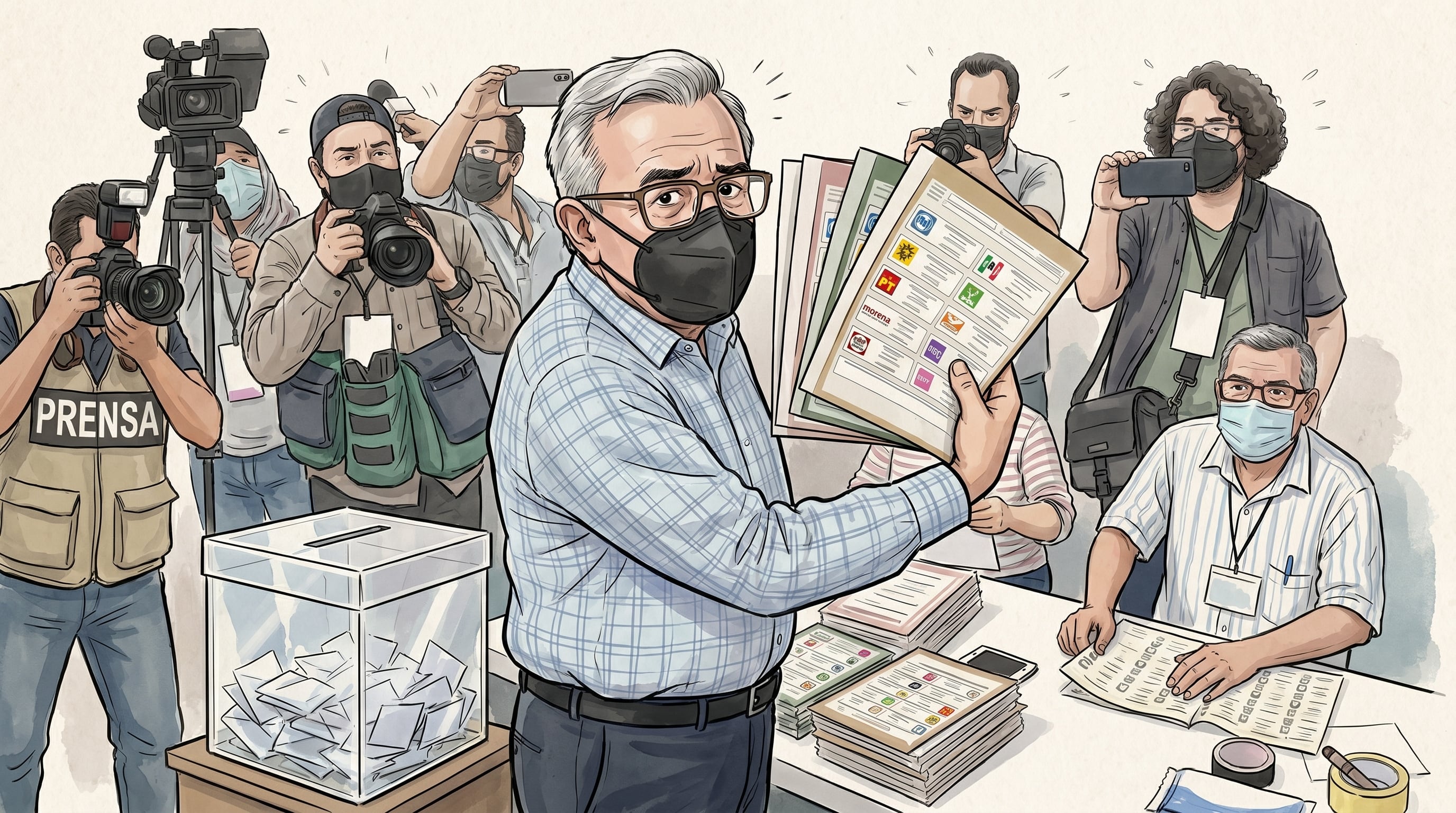 El gobernador de Sinaloa, Rubén Rocha Moya, emite su sufragio en una casilla electoral, captado por numerosos periodistas, reflejando la tensión de la jornada. (Imagen Ilustrativa Infobae)