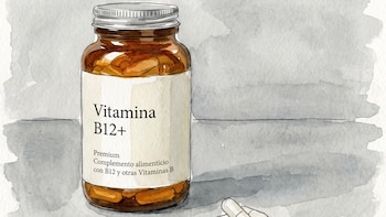 Frasco de vidrio ámbar con etiqueta de Vitamina B12 y cuatro cápsulas blancas sobre una superficie gris pintada en acuarela.