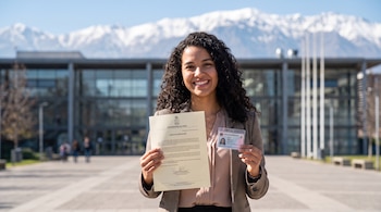Mujer joven sonriendo al aire libre con carta de aceptación y visa de estudiante, un edificio universitario moderno y montañas nevadas al fondo.