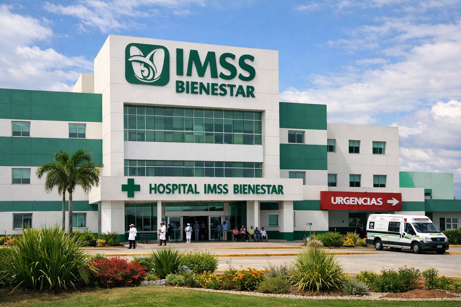 La fachada del Hospital IMSS Bienestar se muestra con su distintivo diseño en verde y blanco, con personal y visitantes en la entrada principal y una ambulancia estacionada cerca del área de urgencias. (Imagen Ilustrativa Infobae)