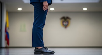 Vista lateral del torso inferior de una mujer vestida con traje azul marino y zapatos negros planos. Al fondo se ve la bandera de Colombia y el escudo oficial borroso.