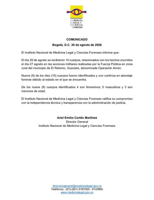 Entre los cuerpos identificados por Medicina Legal figuran tres menores de edad, cuatro mujeres y cinco hombres, mientras un cadáver sigue sin identificar - crédito Medicina Legal