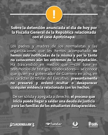 Los padres de los 43 normalistas desparecidos de Ayotzinapa informaron que no les notificaron la detención de Ángel Aguirre.
Crédito: X/ @azucenau