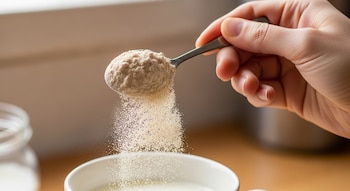 Primer plano de una mano que vierte polvo beige claro desde una cuchara plateada a una taza blanca con líquido blanco. El polvo cae en pequeños gránulos.