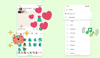 Dos pantallas de teléfono móvil con WhatsApp Plus. Una muestra un chat con stickers y el panel de selección de stickers. La otra exhibe un menú de tonos de notificación