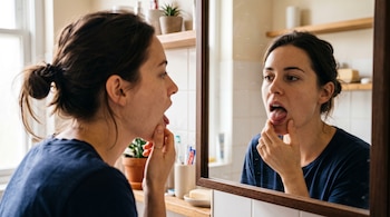 Una mujer con camiseta azul mira su reflejo en un espejo de marco de madera mientras saca la lengua y se toca la barbilla.