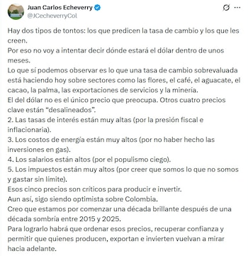 Juan Carlos Echeverry, presidente del Banco de Bogotá, dijo que el dólar no es el único precio que preocupa - crédito @JCecheverryCol/X
