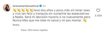 Lorena Meritano reveló que está en celibato hace más de 2 años - crédito @lorenameritanooficial/ Instagram