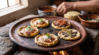 Cinco picaditas de maíz con salsas, queso y carne sobre un comal circular de barro colocado sobre fuego.