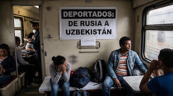 Personas sentadas en un vagón de tren bajo un cartel que dice Deportados de Rusia a Uzbekistán y un papel con la palabra Cubanos.
