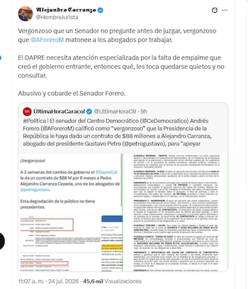El abogado Alejandro Carranza señaló al congresista Andrés Forero de "matonear" a los abogados - crédito @HombreJurista/X