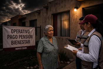 Una adulta mayor observa a dos personas con chalecos y carpetas frente a un letrero del Operativo Pago Pensión Bienestar.