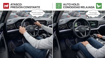 Imagen dividida. Izquierda: Conductor presionando el freno en tráfico. Derecha: Conductor relajado con Auto Hold activado, pie en el suelo. Interior de un coche moderno.