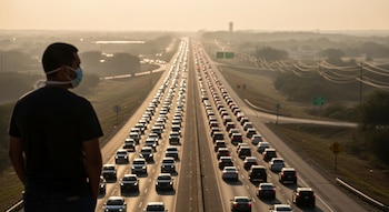 Vista trasera de una persona con mascarilla de pie en un puente, observando una autopista de Texas con dos direcciones de tráfico denso bajo un cielo brumoso y soleado.