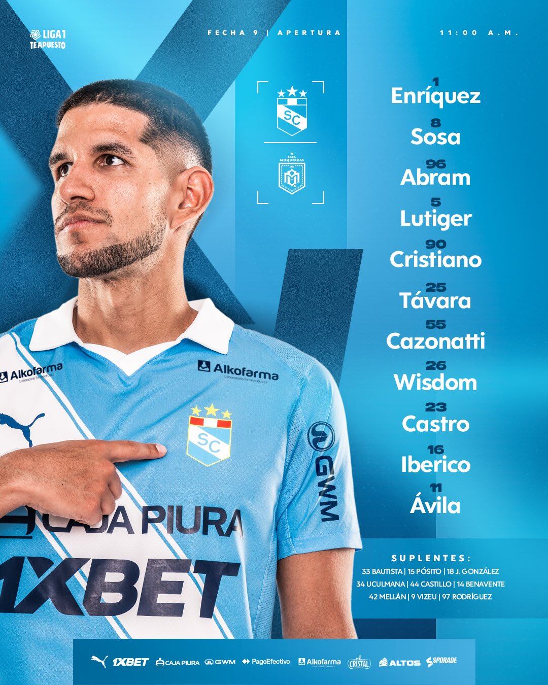 Equipo de Sporting Cristal vs CD Moquegua por el Torneo Apertura 2026.