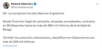 La congresista de oposición cuestionó los casos de corrupción que involucra al Gobierno Petro como la Ungrd, chuzadas y financiación de la campaña - crédito @PalomaValenciaL/X
