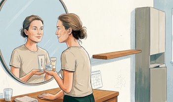 Ilustración de una mujer frente a un espejo, sosteniendo un tubo de limpiador, un tarro de hidratante y un tubo de protector solar. Un vaso y una toalla están en el tocador