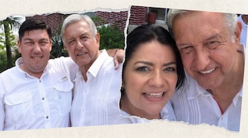 Collage de dos fotos: en la izquierda, un hombre y AMLO sonríen con los brazos sobre los hombros; en la derecha, una mujer y AMLO sonríen de cerca.