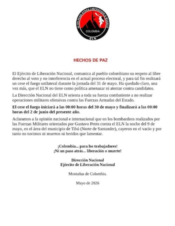 ELN anunció cese al fuego para el fin de semana de elecciones: será del 30 de mayo al 2 de junio - crédito ELN