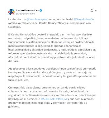 Centro Democrático defendió elección de Honorio Henríquez como presidente del Congreso