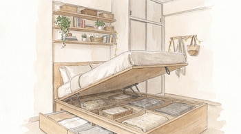 Ilustración en acuarela de un dormitorio con cama abatible que muestra el almacenamiento debajo, estantes con libros y plantas, y un armario.
