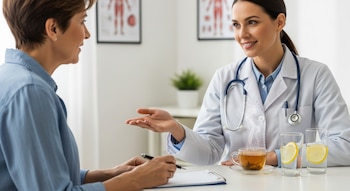 Una doctora gesticula mientras habla con una paciente. Sobre el escritorio hay una taza de té humeante y dos vasos de agua con rodajas de limón.