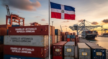 Bandera de República Dominicana ondeando sobre un puerto con múltiples contenedores de envío, algunos marcados 'CIGARRILLOS ARTESANALES - REPÚBLICA DOMINICANA', y un buque de carga grande al atardecer.