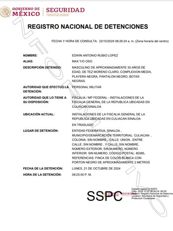 Registro Nacional de Detenciones confirma la detención de Edwin Antonio Rubio López, "El Max", en Culiacán, Sinaloa