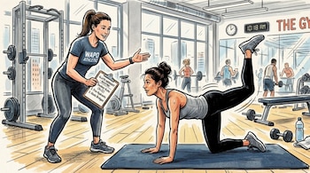 Una mujer haciendo ejercicio de pierna en colchoneta; una entrenadora personal la supervisa en gimnasio. Otros deportistas se ejercitan de fondo