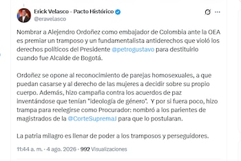 El representante Erick Velasco, del Pacto Histórico, rechazó el nombramiento de Alejandro Ordóñez como embajador ante la OEA - crédito @eravelasco/X