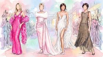 Ilustración de cuatro figuras femeninas sin rostro con vestidos de gala sobre una alfombra roja y fotógrafos de fondo.