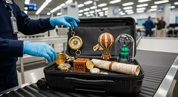 Maleta abierta sobre cinta transportadora con brújulas, mapa enrollado, globo aerostático miniatura, reloj y escarabajo. Manos con guantes azules inspeccionan.