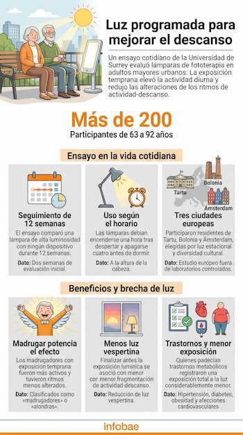 Infografía sobre fototerapia con ilustraciones de adultos mayores, un reloj, un mapa de Europa con tres ciudades y varios cuadros de texto.