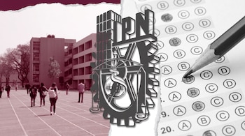 Imagen compuesta por un edificio escolar con personas, el escudo del Instituto Politécnico Nacional y una hoja de examen rellenada con lápiz.