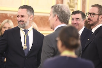 08/06/2026 El presidente de Vox, Santiago Abascal (i), y el presidente del PP, Alberto Núñez Feijóo (2i) durante la visita del Papa León XIV al Congreso de los Diputados, a 8 de junio de 2026, en Madrid (España). León XIV es el primer papa que pronuncia un discurso como jefe del Estado Vaticano ante diputados y senadores, en el marco de su viaje oficial a España.
POLITICA
Eduardo Parra - Europa Press