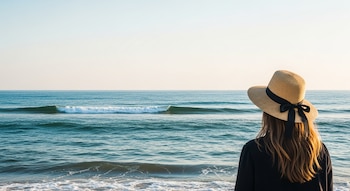 Vista trasera de una persona con sombrero de paja mirando el vasto océano azul con olas suaves bajo un cielo claro en una playa tranquila.