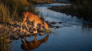 Un ciervo axis hembra con manchas blancas come plantas en la orilla pedregosa de un río que refleja su figura al atardecer.