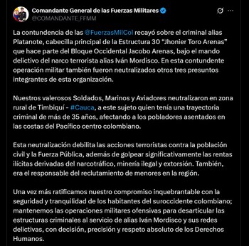 La neutralización de alias Platanote debilita las disidencias bajo el mando de alias Iván Mordisco - crédito @COMANDANTE_FFMM / X