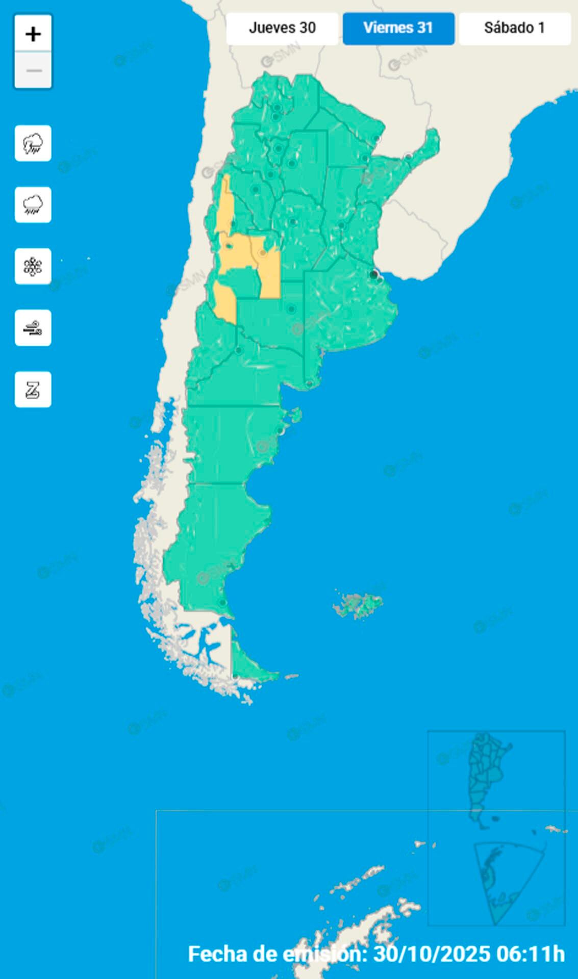 Las alertas por tormentas y viento Zonda en la región de Cuyo.