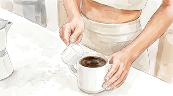 Ilustración de una persona añadiendo proteína en polvo con una cuchara medidora a una taza de café sobre una mesa. Estilo acuarela con líneas finas.