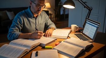 Hombre adulto de 40 años con gafas, escribiendo en un cuaderno. Sobre un escritorio de madera hay libros abiertos, una laptop encendida y una lámpara de estudio.