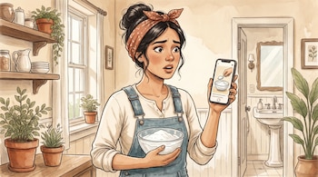 Ilustración acuarela de mujer latina sorprendida sosteniendo un cuenco con bicarbonato y un celular con tutorial de cuchara en un interior hogareño con plantas.