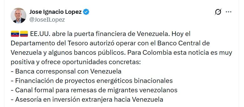 José Ignacio López, presidente de Anif, dijo que para Colombia esta noticia es muy positiva y ofrece oportunidades concretas - crédito @JoseILopez/X