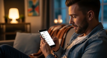 Un hombre joven barbudo sentado en un sofá oscuro, sosteniendo un smartphone con la aplicación Grindr abierta, en una habitación con poca luz.