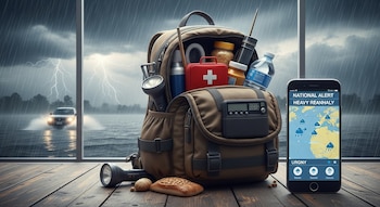 Mochila abierta con botiquín, linterna, agua y radio; teléfono móvil con alerta de lluvia; y al fondo, un coche bajo tormenta eléctrica con relámpagos.