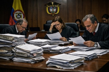 Tres magistrados con togas y gafas revisan documentos en una mesa de madera. La mesa está llena de pilas de expedientes y al fondo se ve la bandera de Colombia.
