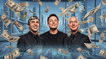 Dibujo de Larry Page, Elon Musk y Jeff Bezos en traje oscuro con billetes de dólar cayendo y logotipos de Google, X y Amazon al fondo.